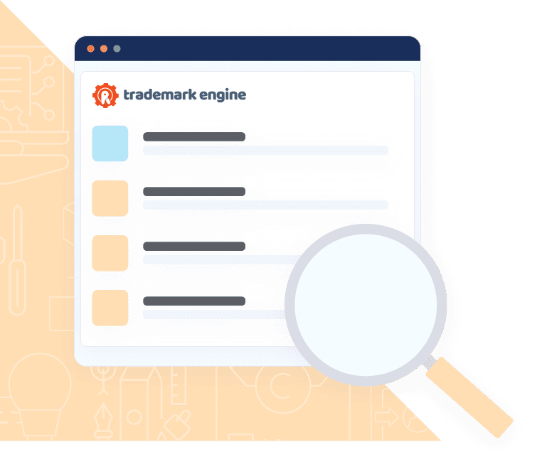 Illustration of the Trademark USP app interface with a magnifying glass